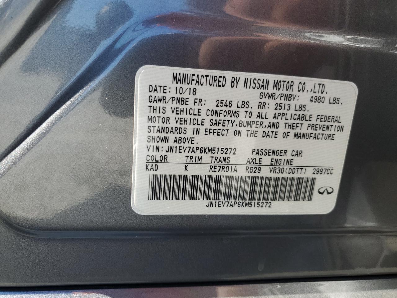 2019 Infiniti Q50 Luxe VIN: JN1EV7AP6KM515272 Lot: 63264405