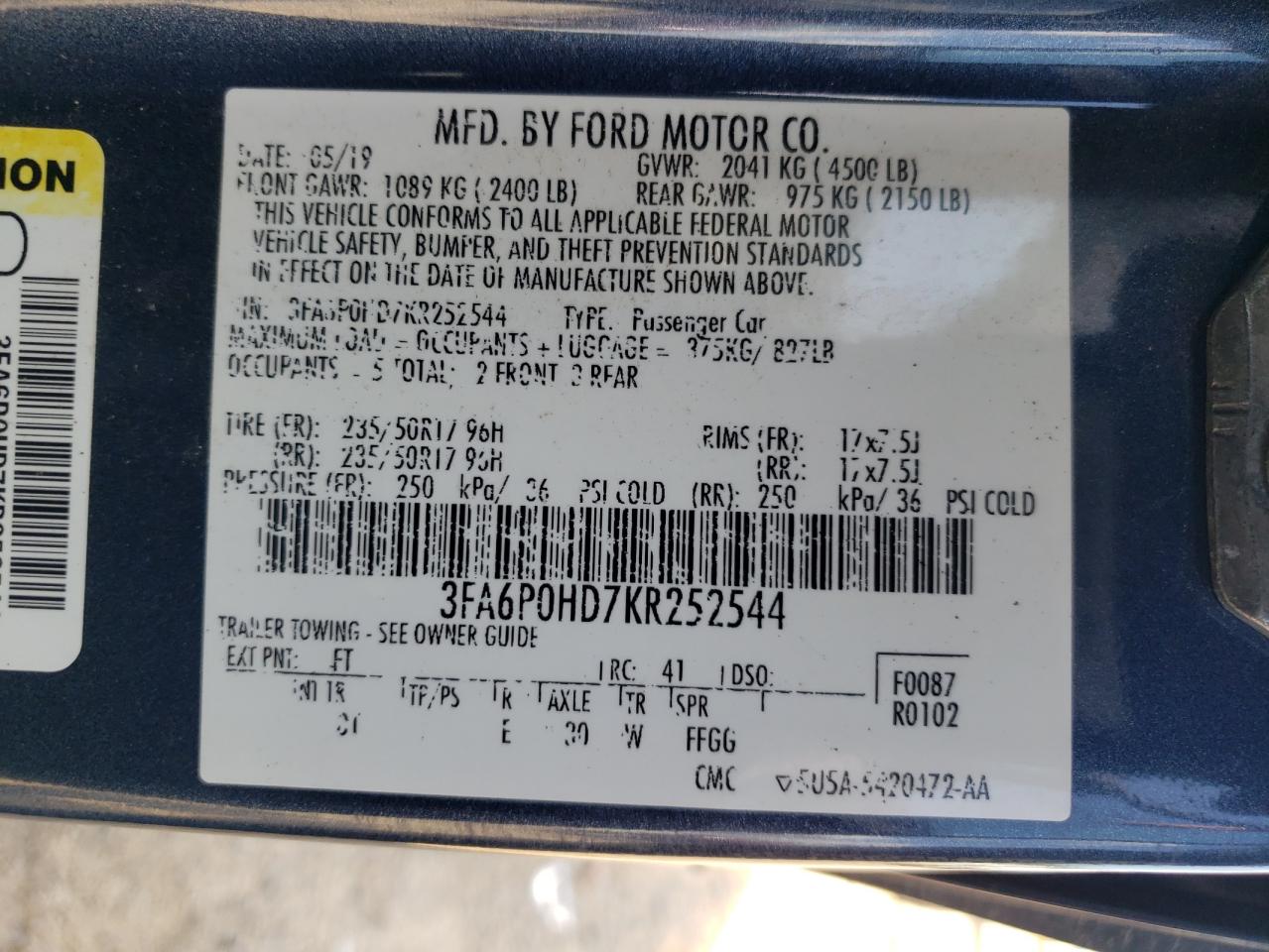 2019 Ford Fusion Se VIN: 3FA6P0HD7KR252544 Lot: 63153575