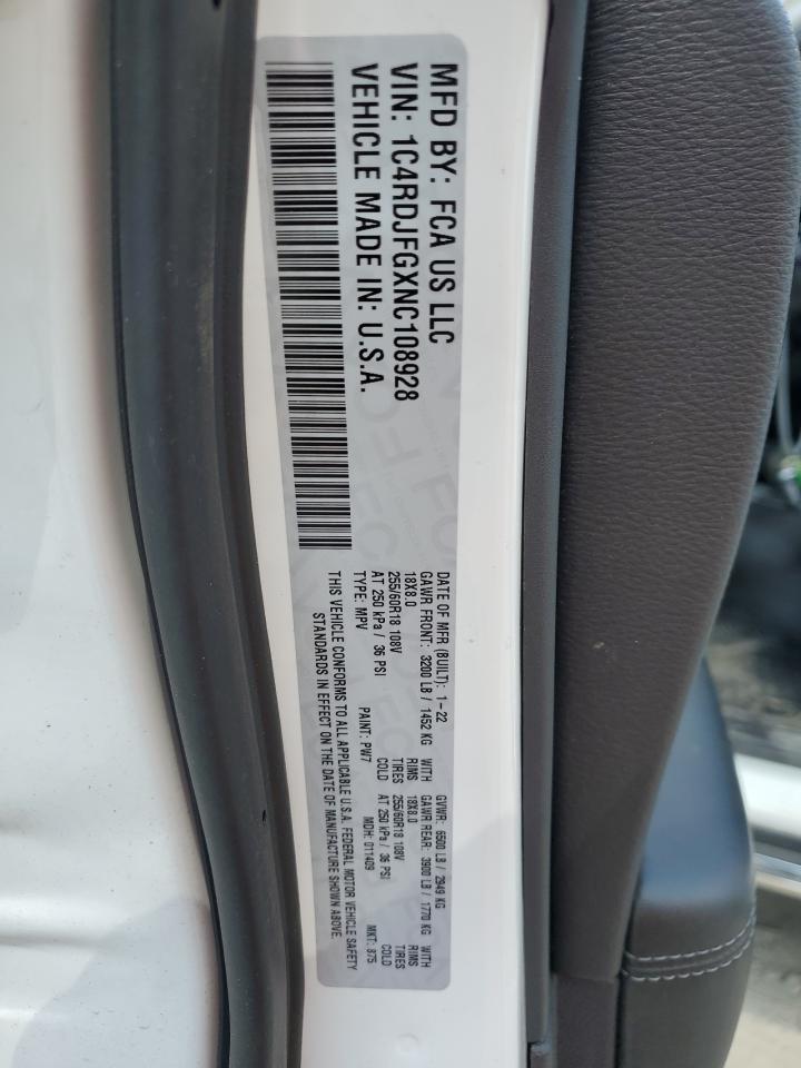 2022 Dodge Durango Pursuit VIN: 1C4RDJFGXNC108928 Lot: 66227255