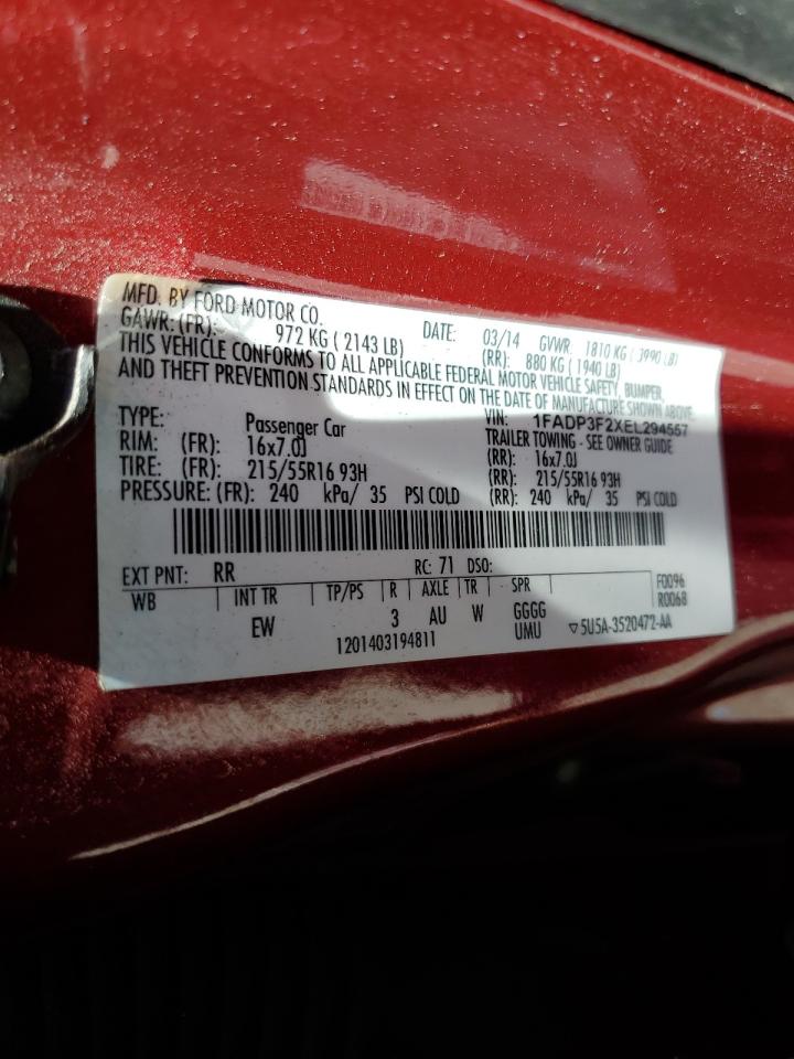 2014 Ford Focus Se VIN: 1FADP3F2XEL294557 Lot: 62869435