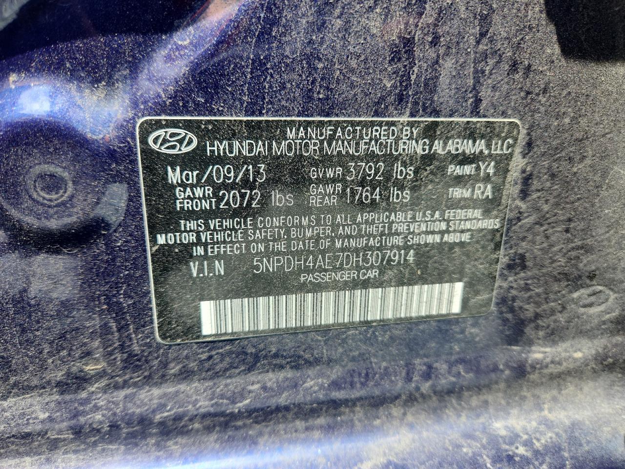 2013 Hyundai Elantra Gls VIN: 5NPDH4AE7DH307914 Lot: 64898885