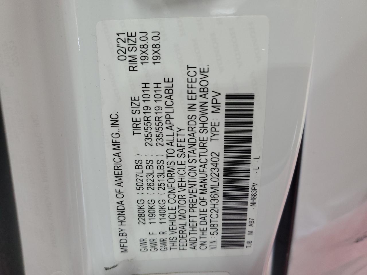 2021 Acura Rdx VIN: 5J8TC2H36ML023402 Lot: 62739915