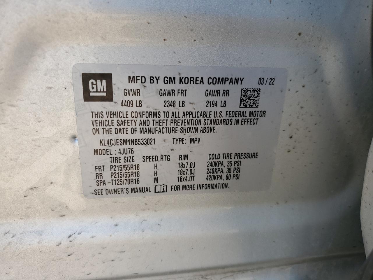 2022 Buick Encore Preferred VIN: KL4CJESM1NB533021 Lot: 64442665