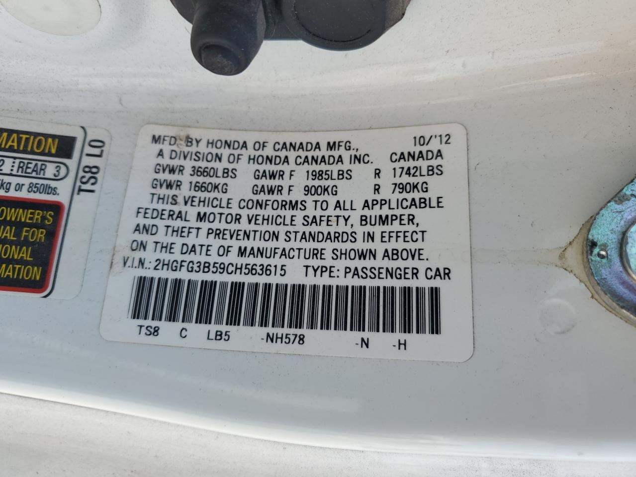 2012 Honda Civic Lx VIN: 2HGFG3B59CH563615 Lot: 65288795