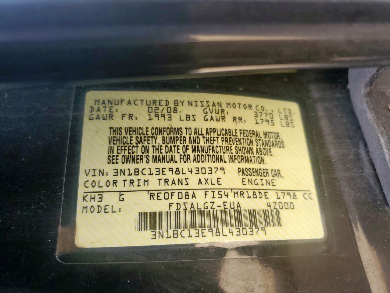 2008 Nissan Versa S VIN: 3N1BC13E98L430379 Lot: 65921555