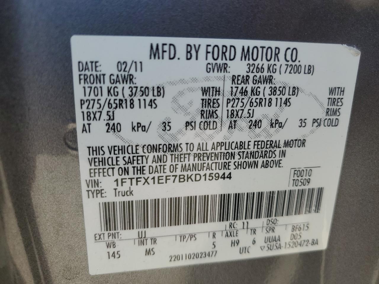 2011 Ford F150 Super Cab VIN: 1FTFX1EF7BKD15944 Lot: 64680105