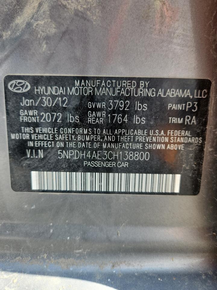 2012 Hyundai Elantra Gls VIN: 5NPDH4AE3CH138800 Lot: 66275395