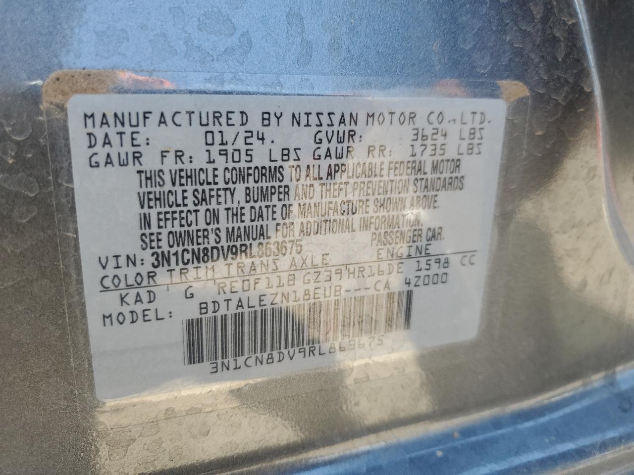 2024 Nissan Versa S VIN: 3N1CN8DV9RL863675 Lot: 65261695