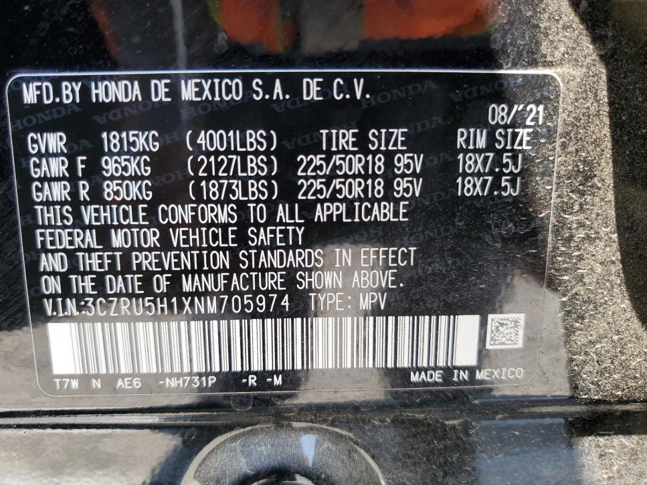 2022 Honda Hr-V Sport VIN: 3CZRU5H1XNM705974 Lot: 64485995