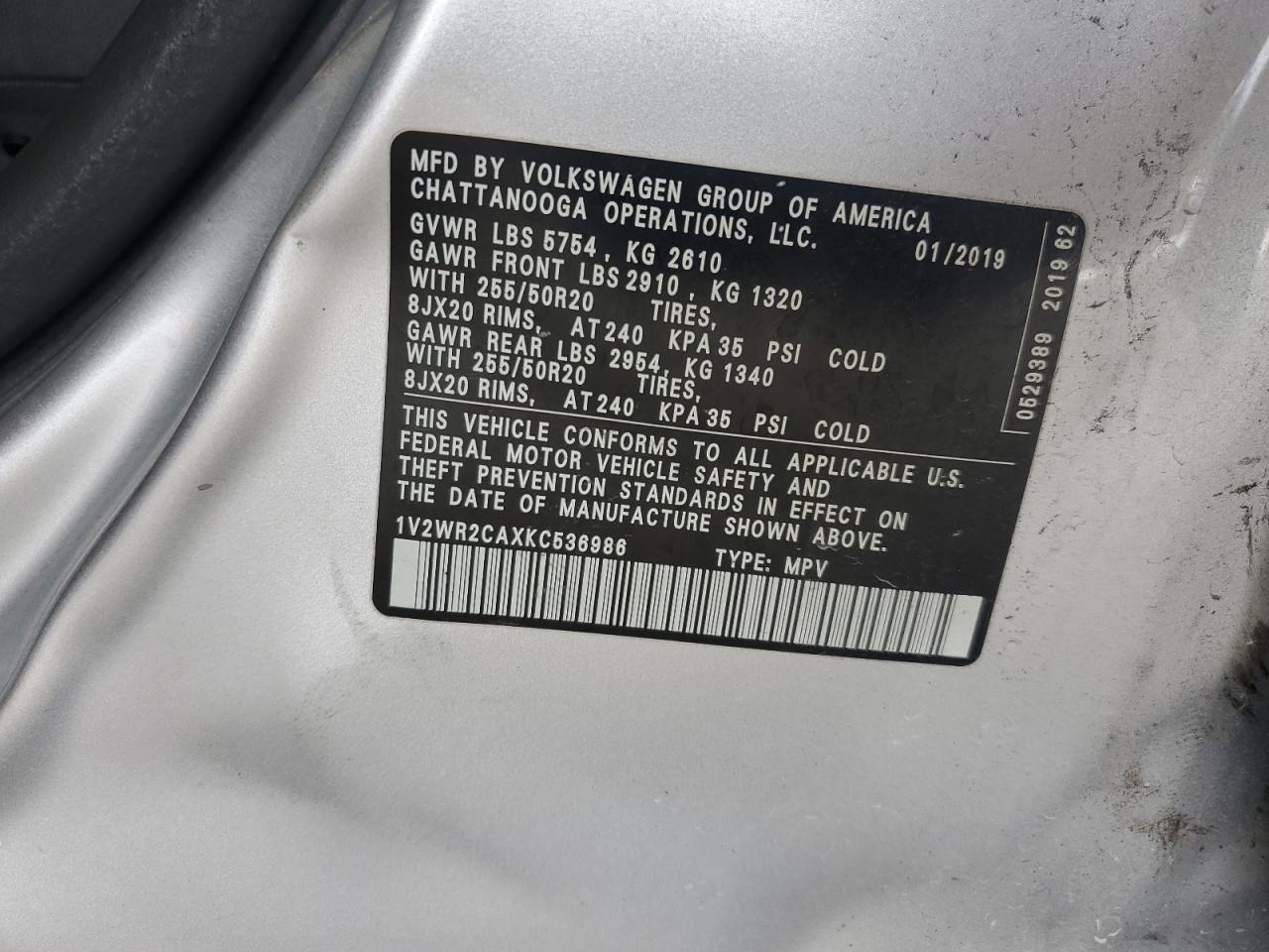 2019 Volkswagen Atlas Se VIN: 1V2WR2CAXKC536986 Lot: 65579625