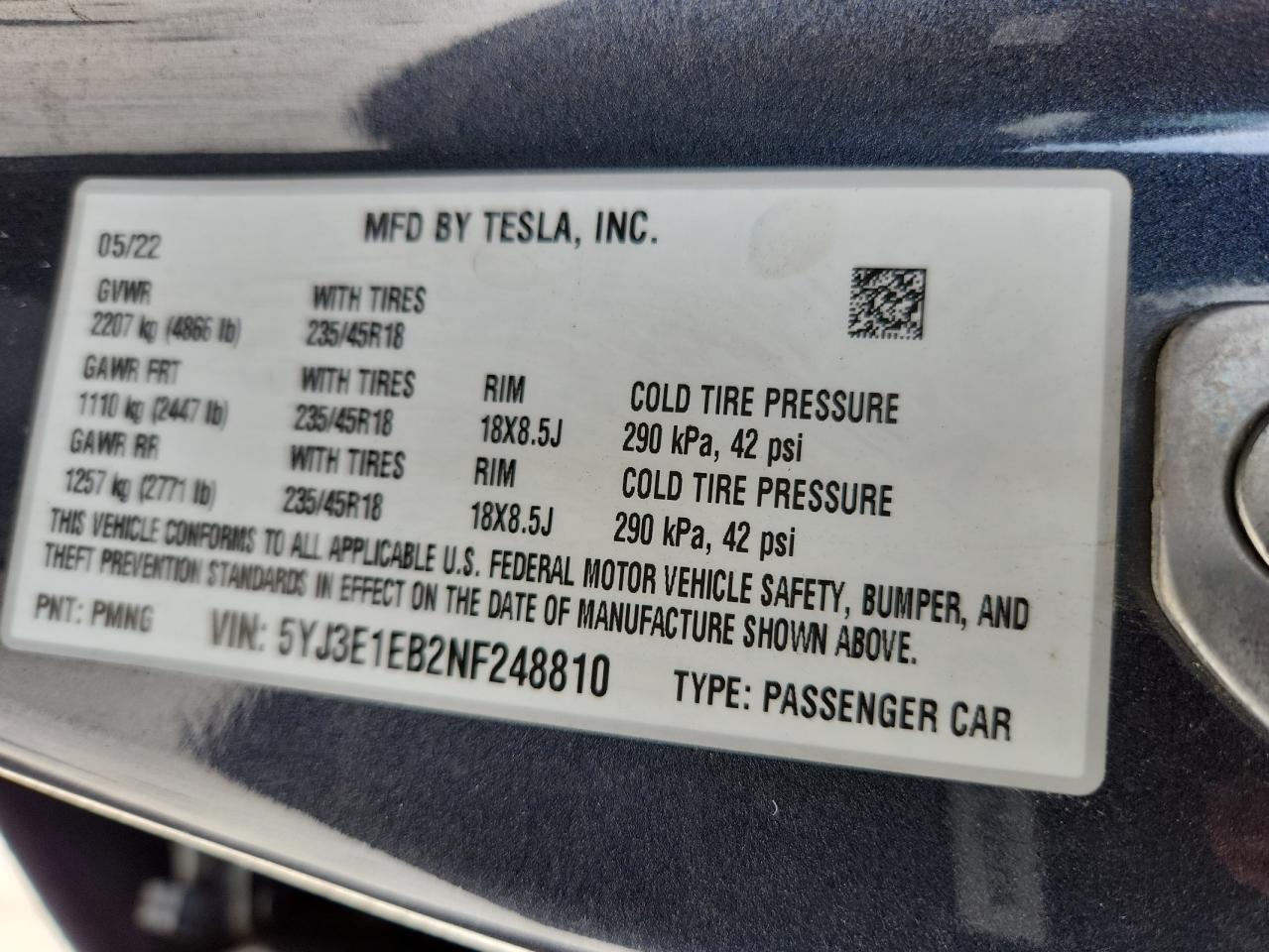 2022 Tesla Model 3 VIN: 5YJ3E1EB2NF248810 Lot: 63550085