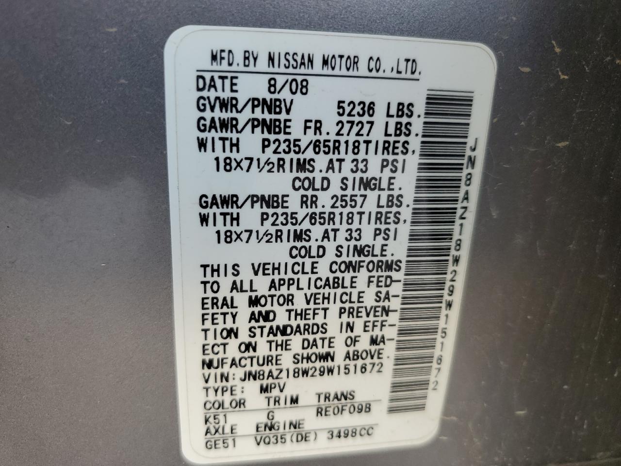 2009 Nissan Murano S VIN: JN8AZ18W29W151672 Lot: 66724095