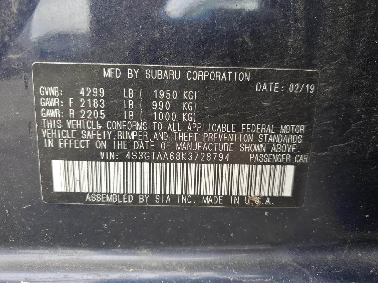 2019 Subaru Impreza VIN: 4S3GTAA68K3728794 Lot: 63853655