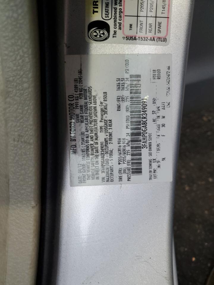 2012 Ford Fusion S VIN: 3FAHP0GA8CR349091 Lot: 65209605