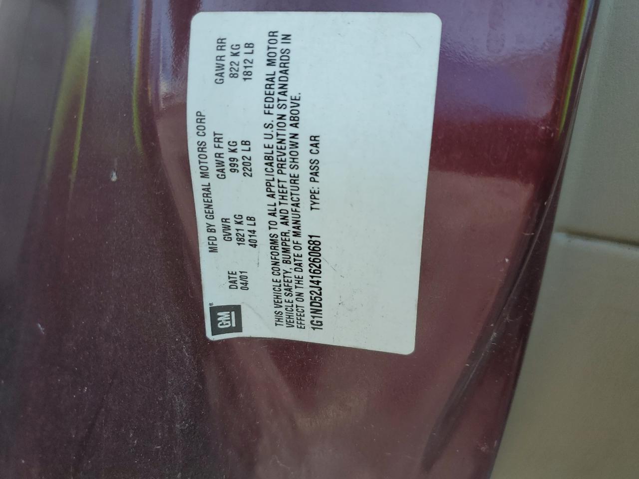 1g1nd52j416260681 1G1ND52J416260681 2001 Chevrolet Malibu