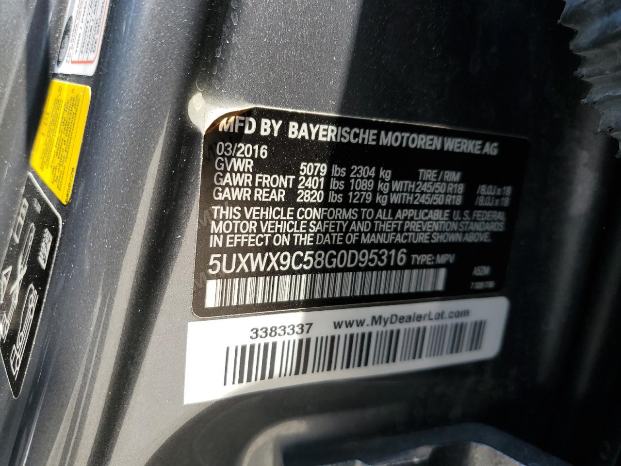 2016 BMW X3 xDrive28I VIN: 5UXWX9C58G0D95316 Lot: 65379315