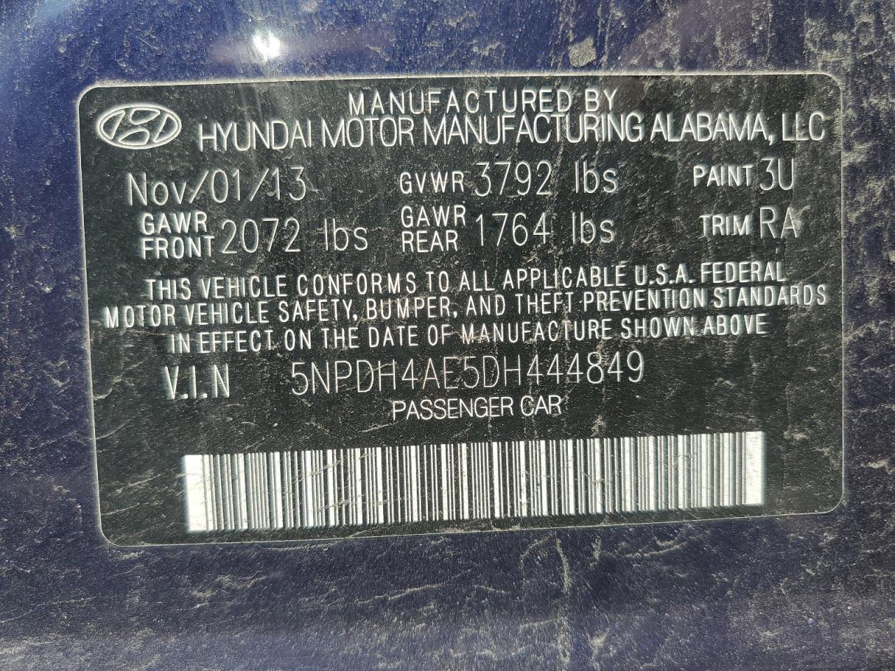 2013 Hyundai Elantra Gls VIN: 5NPDH4AE5DH444849 Lot: 63580045