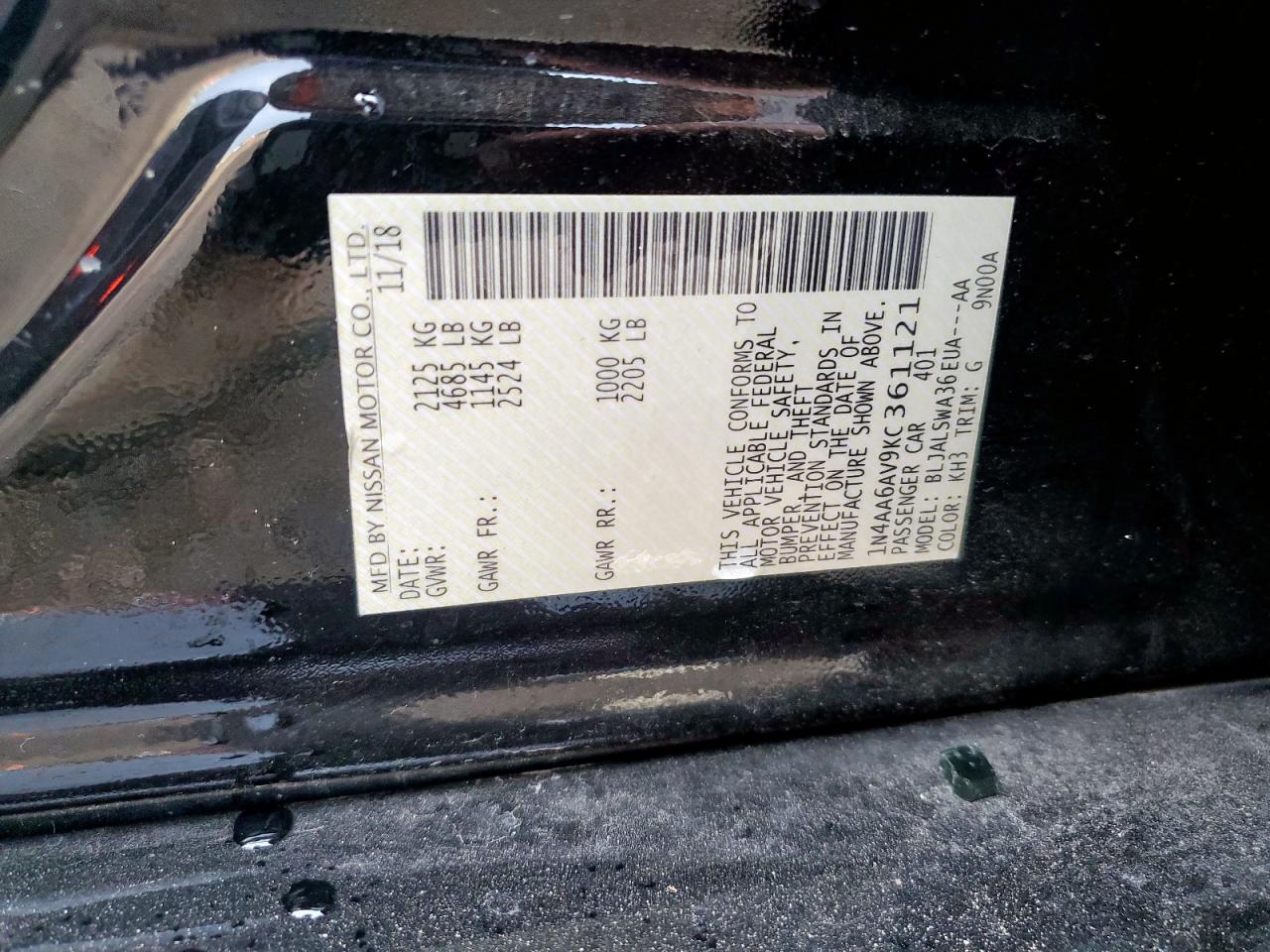 1N4AA6AV9KC361121 2019 Nissan Maxima S