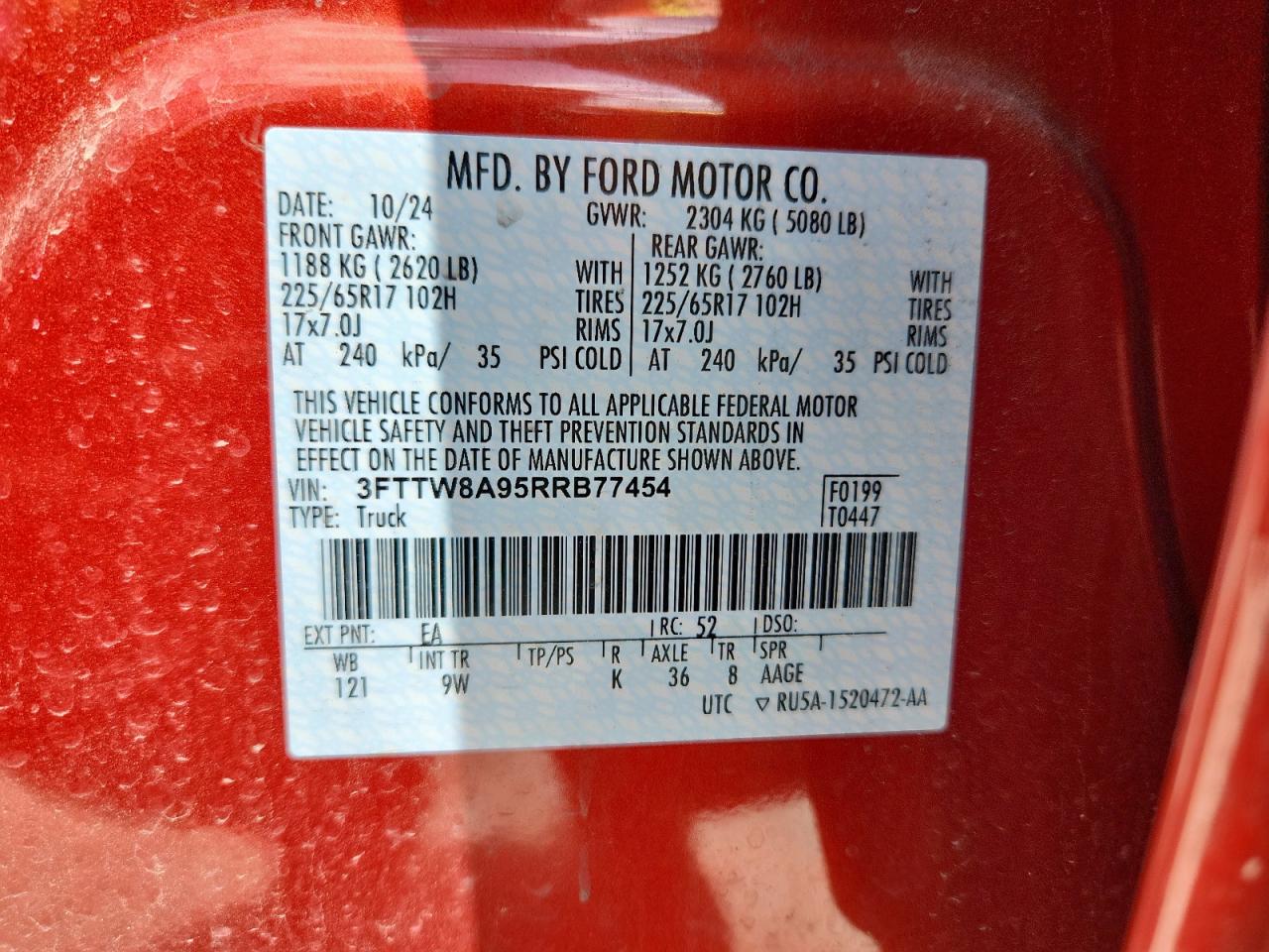 2024 Ford Maverick Xl VIN: 3FTTW8A95RRB77454 Lot: 63779715
