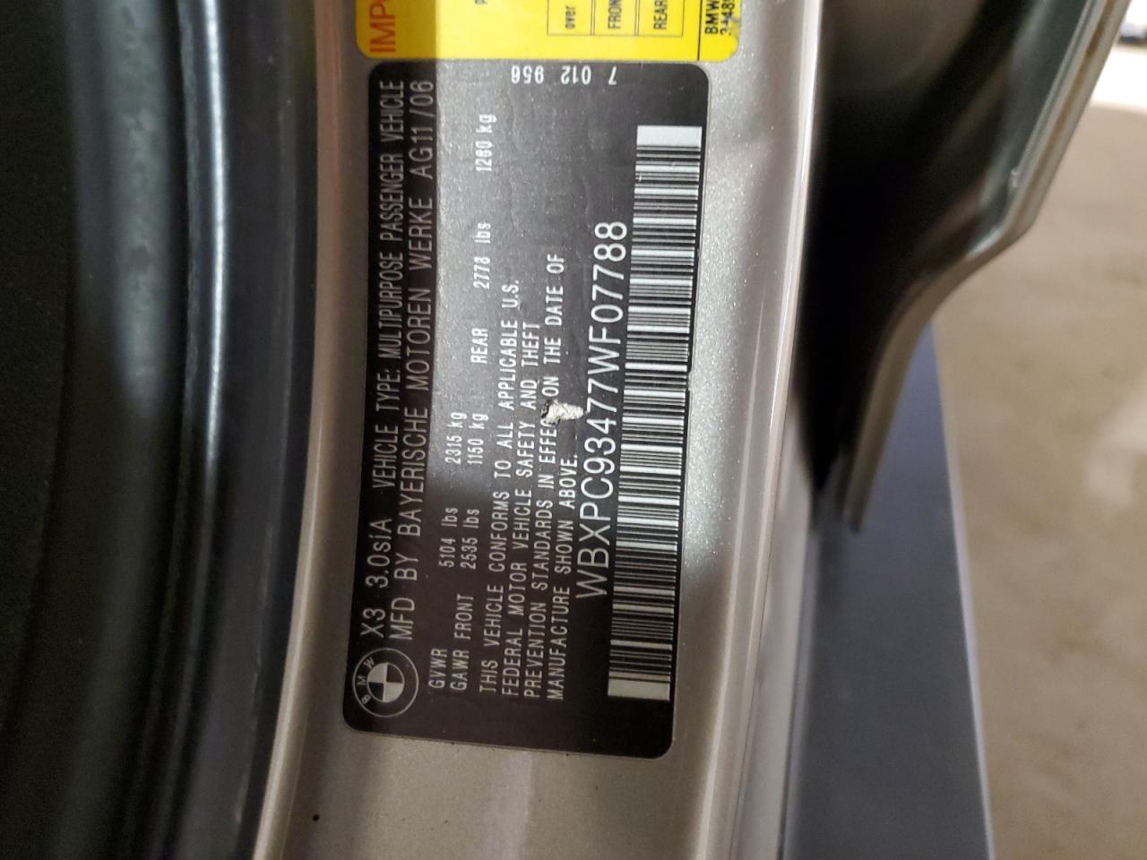 2007 BMW X3 3.0Si VIN: WBXPC93477WF07788 Lot: 64202435
