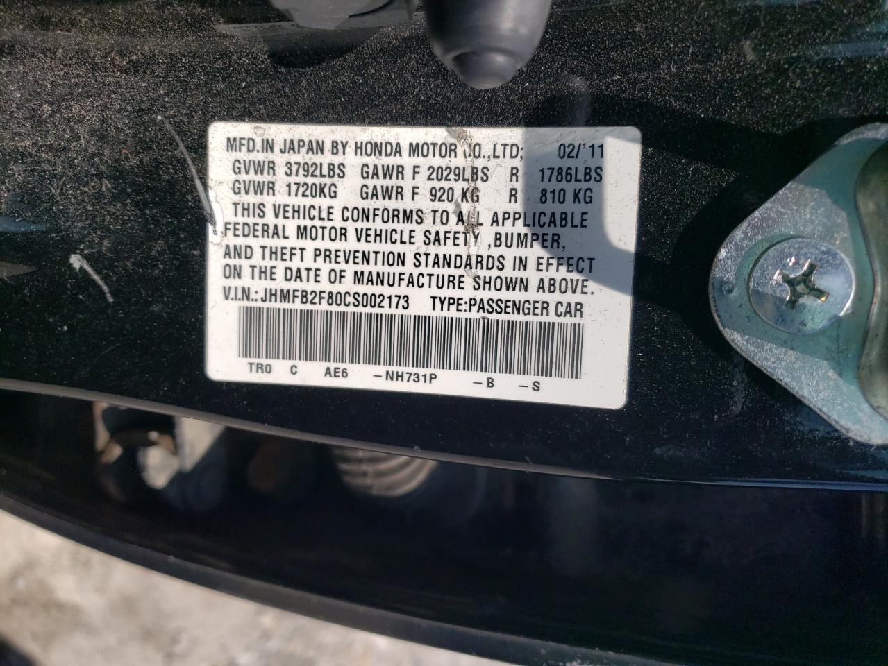 2012 Honda Civic Ex VIN: JHMFB2F80CS002173 Lot: 66086325