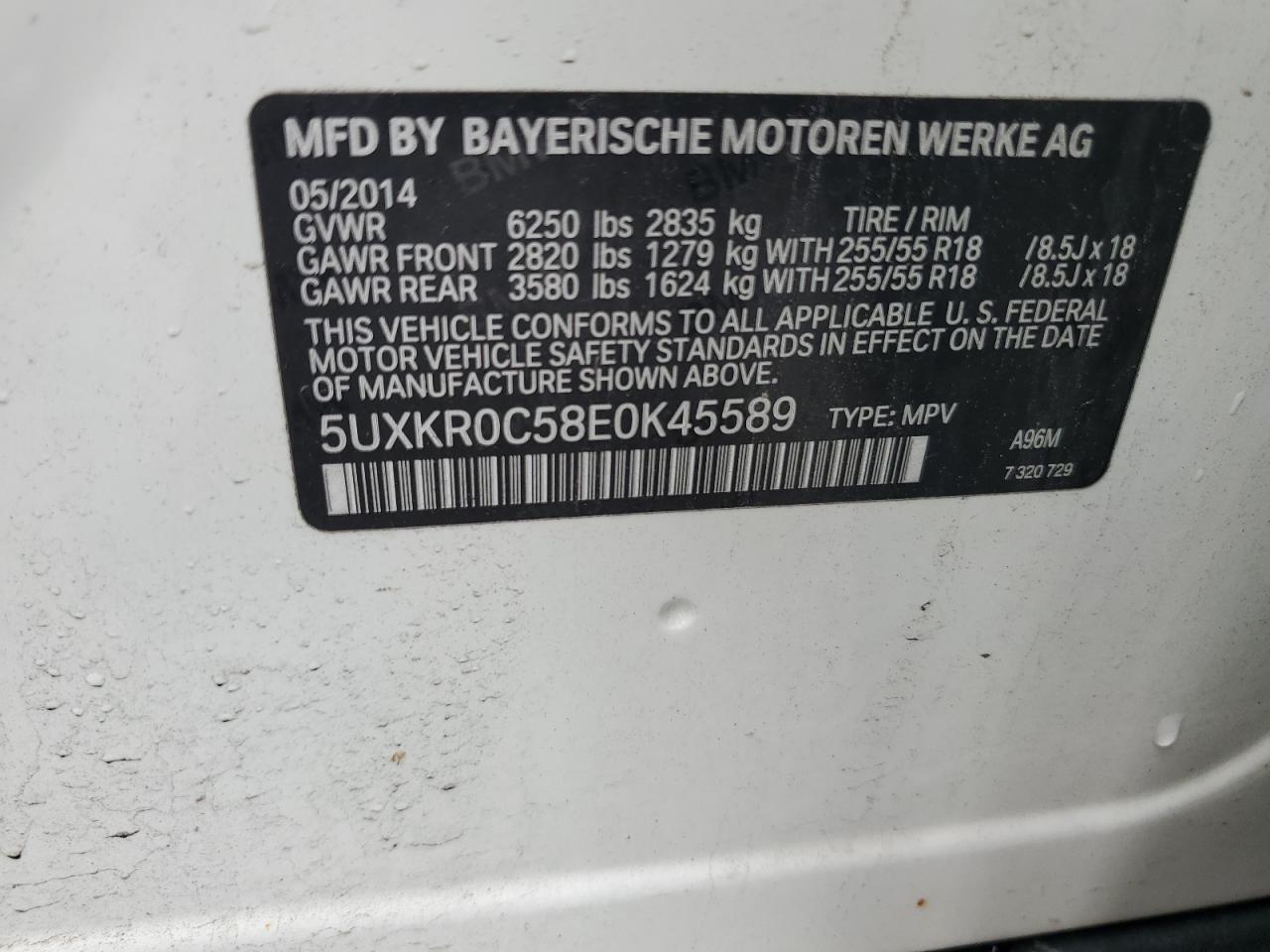 2014 BMW X5 xDrive35I VIN: 5UXKR0C58E0K45589 Lot: 61960205