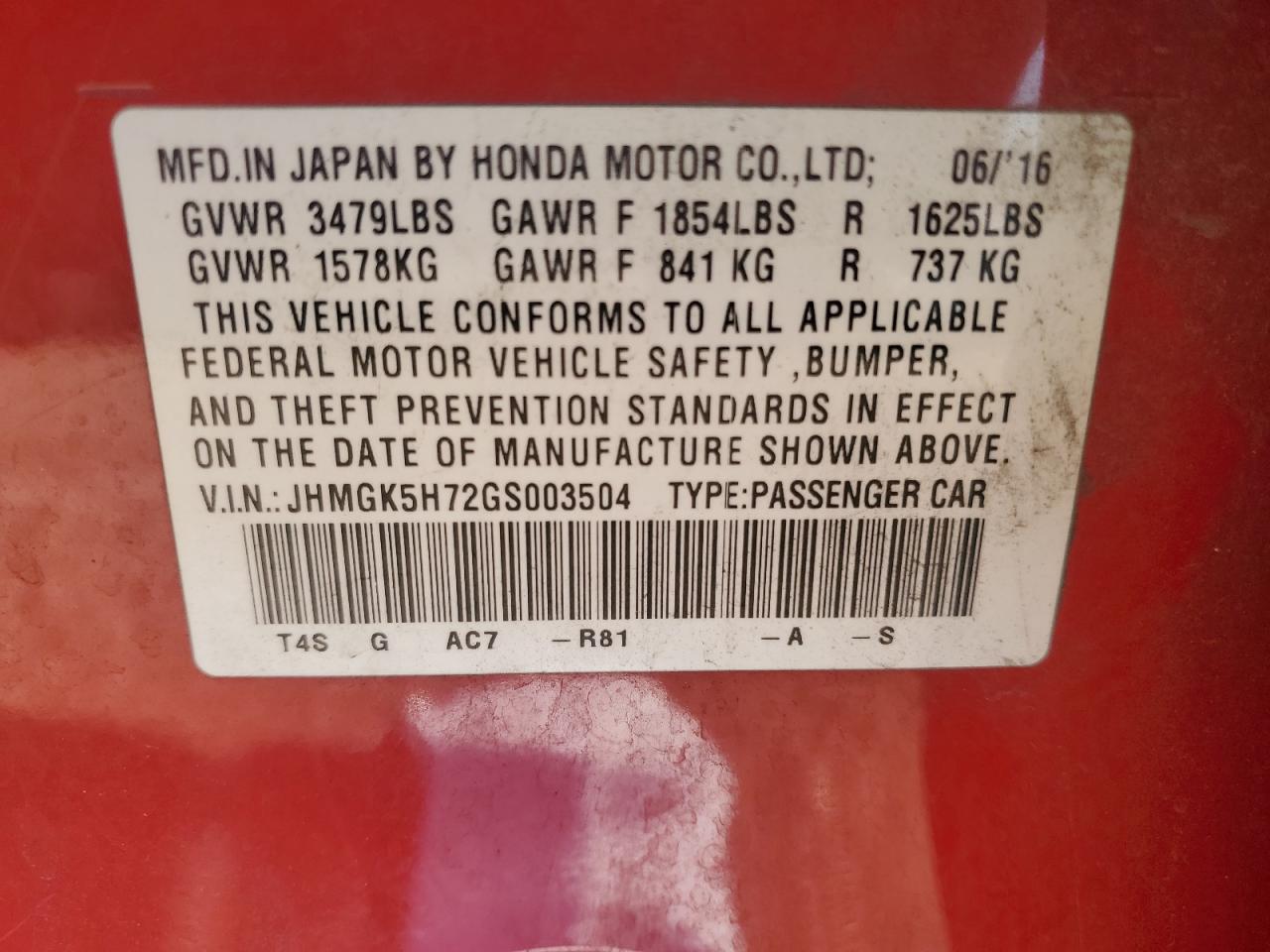 2016 Honda Fit Ex VIN: JHMGK5H72GS003504 Lot: 63270245