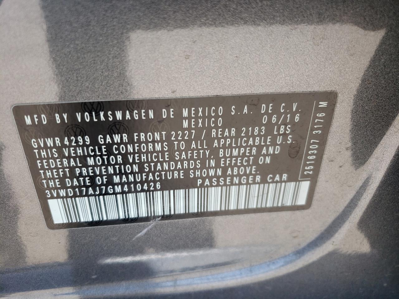 2016 Volkswagen Jetta Sport VIN: 3VWD17AJ7GM410426 Lot: 63673405