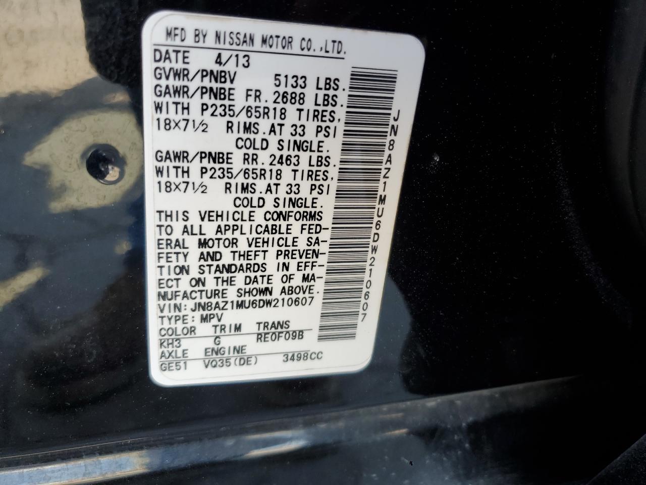 2013 Nissan Murano S VIN: JN8AZ1MU6DW210607 Lot: 64031095