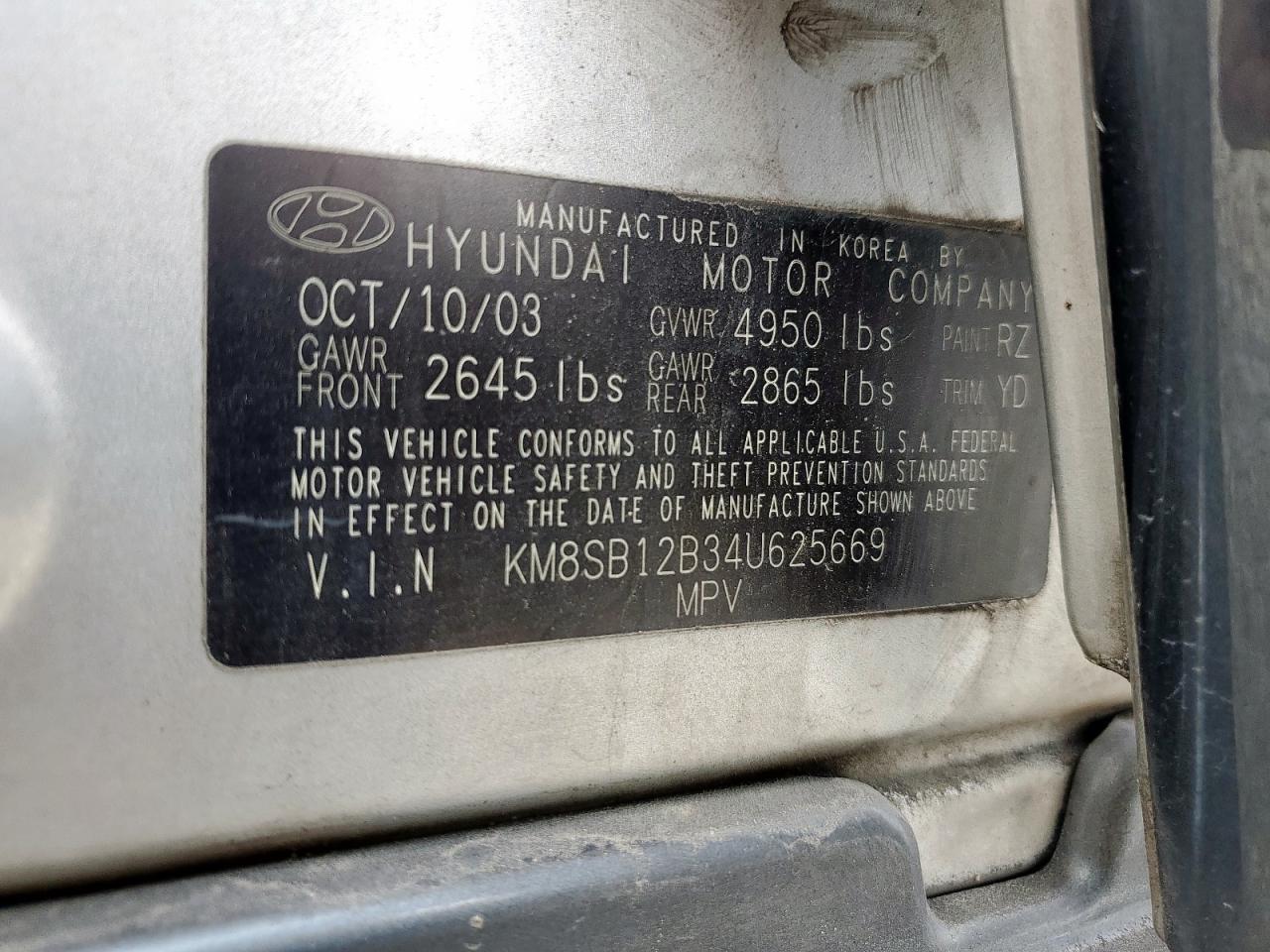 2004 Hyundai Santa Fe Gl VIN: KM8SB12B34U625669 Lot: 65093375