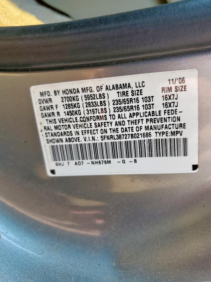 2007 Honda Odyssey Exl VIN: 5FNRL38727B021686 Lot: 64271285
