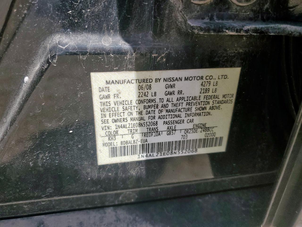 2008 Nissan Altima 2.5 VIN: 1N4AL21E08N552068 Lot: 64653745