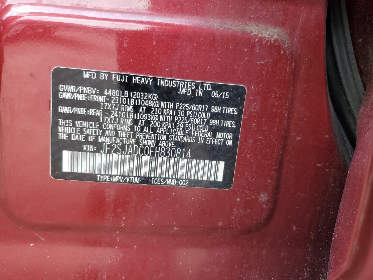 2015 Subaru Forester 2.5I Premium VIN: JF2SJADC0FH830814 Lot: 65758495