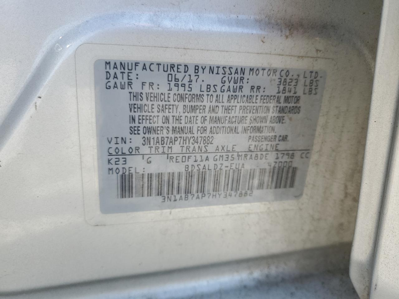 2017 Nissan Sentra S VIN: 3N1AB7AP7HY347882 Lot: 65980805