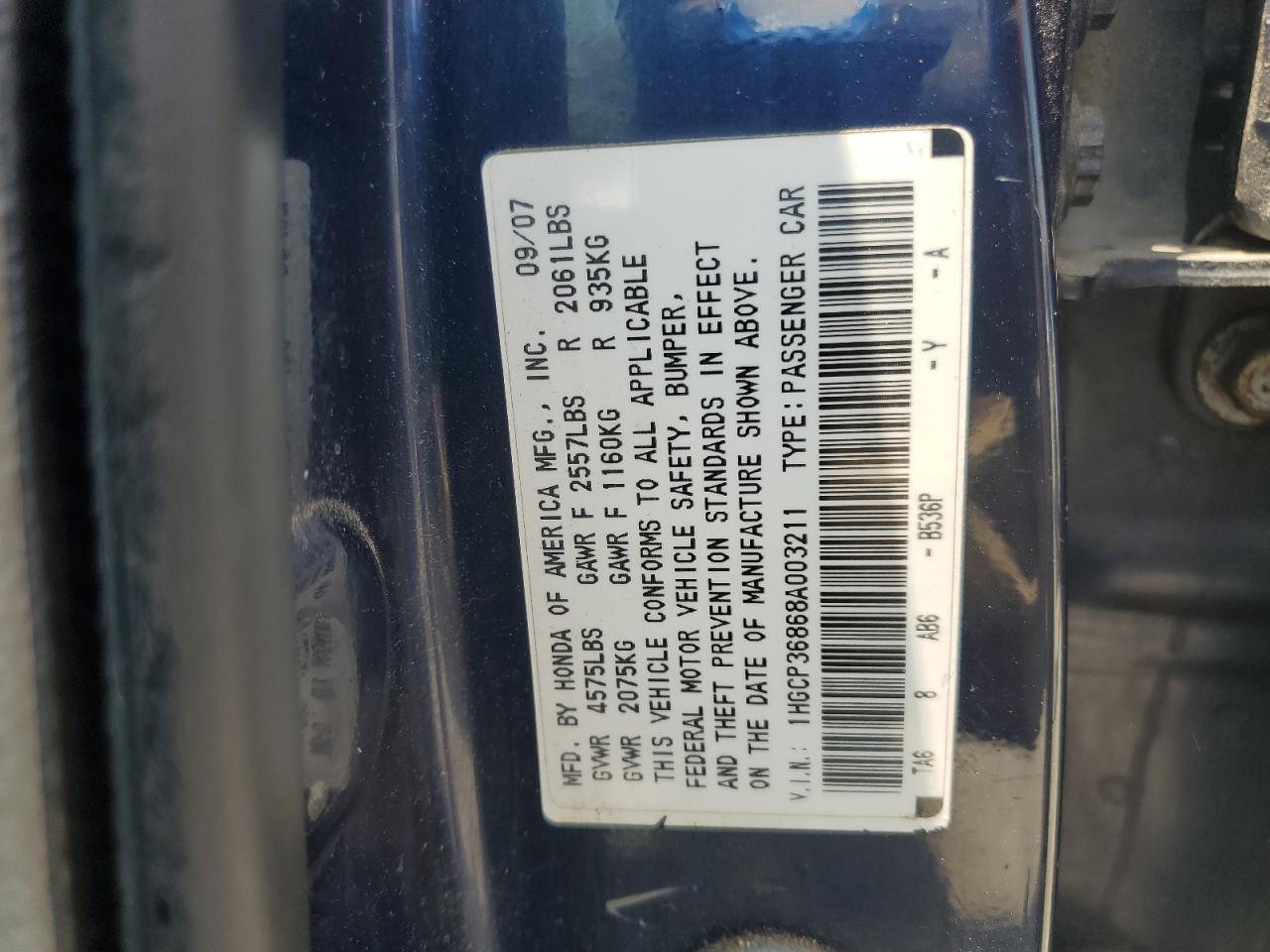 2008 Honda Accord Exl VIN: 1HGCP36868A003211 Lot: 64793615