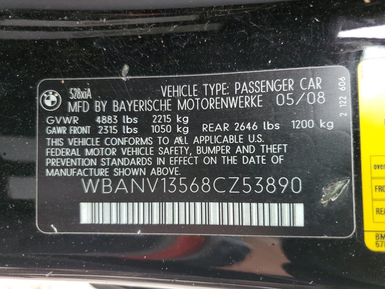 2008 BMW 528 Xi VIN: WBANV13568CZ53890 Lot: 63923315