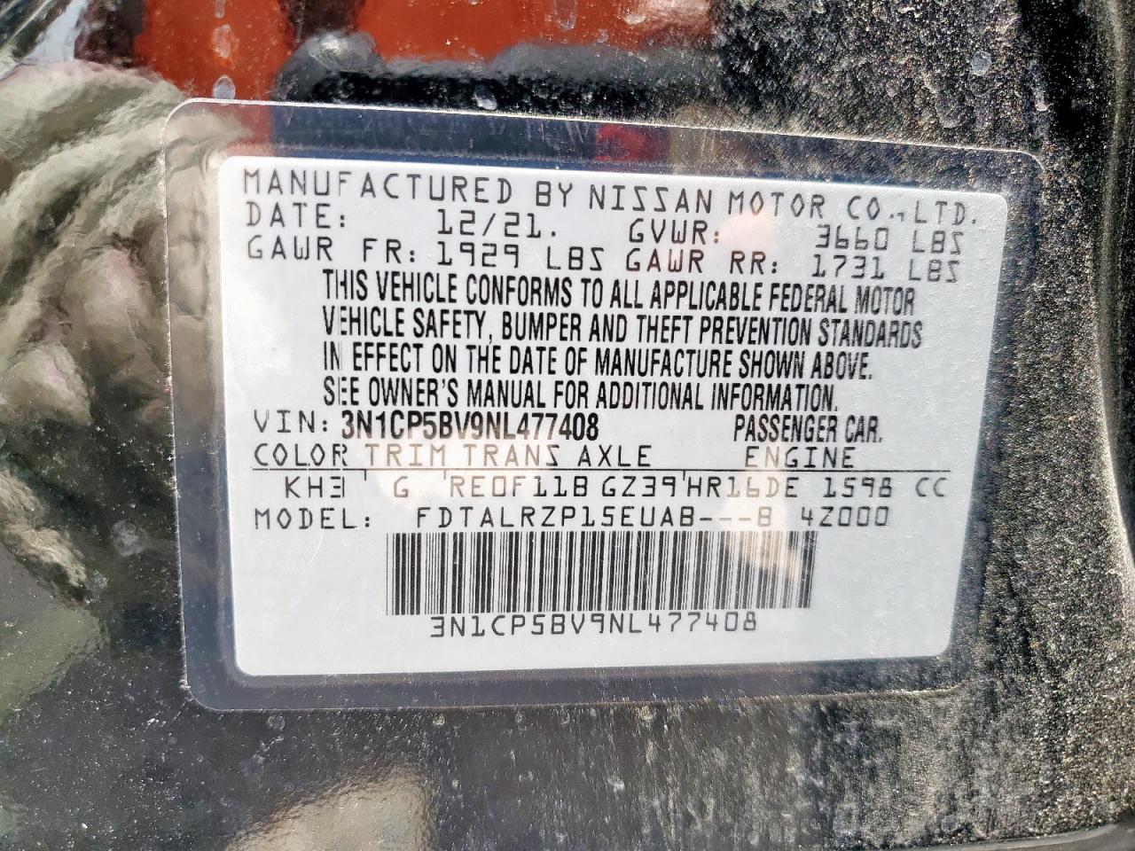 2022 Nissan Kicks S VIN: 3N1CP5BV9NL477408 Lot: 63247685