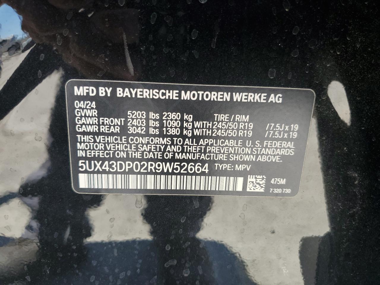 2024 BMW X3 Sdrive30I VIN: 5UX43DP02R9W52664 Lot: 63830985