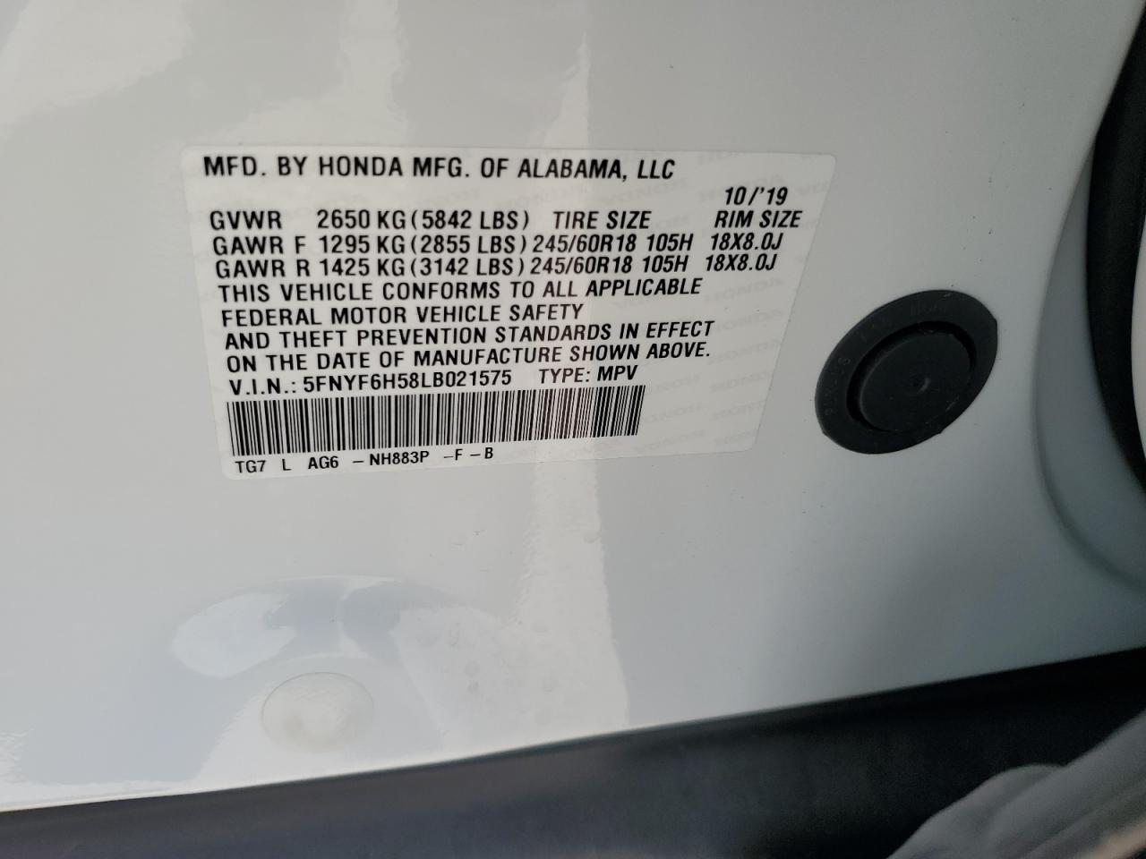 2020 Honda Pilot Exl VIN: 5FNYF6H58LB021575 Lot: 64510345