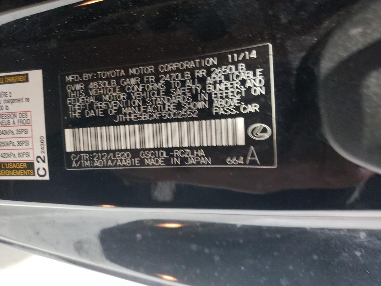 2015 Lexus Rc 350 VIN: JTHHE5BCXF5002552 Lot: 64748555