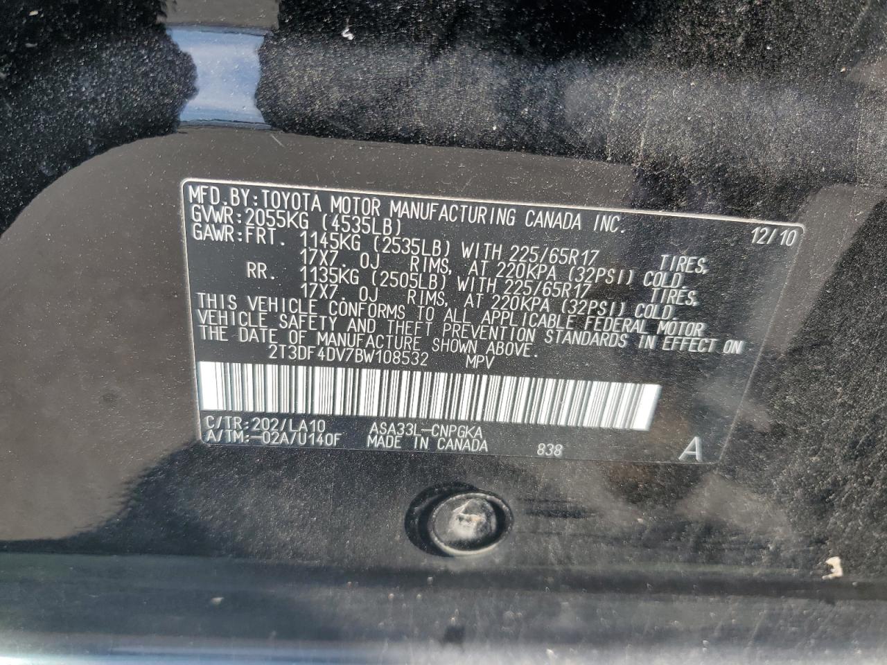 2011 Toyota Rav4 Limited VIN: 2T3DF4DV7BW108532 Lot: 65052115