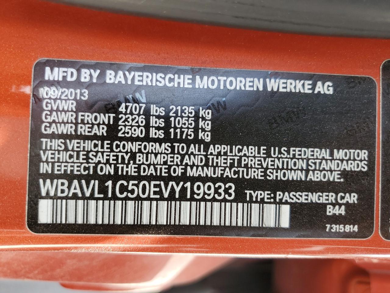 2014 BMW X1 xDrive28I VIN: WBAVL1C50EVY19933 Lot: 64107705