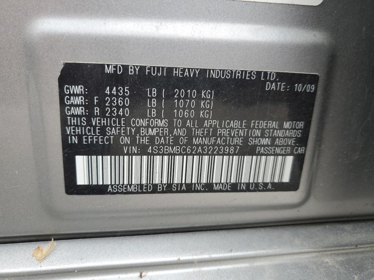2010 Subaru Legacy 2.5I Premium VIN: 4S3BMBC62A3223987 Lot: 63384995