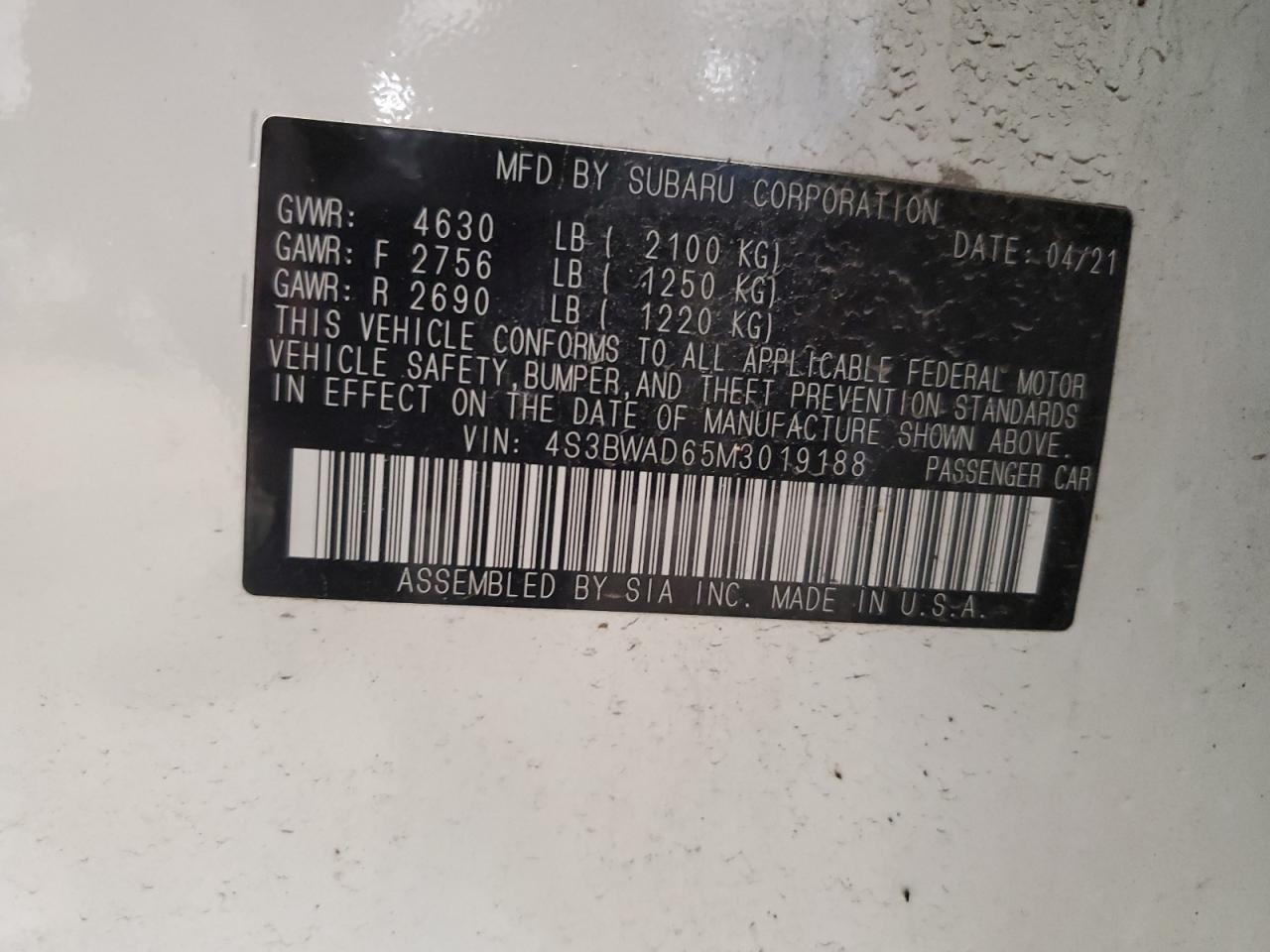 2021 Subaru Legacy Premium VIN: 4S3BWAD65M3019188 Lot: 64854115