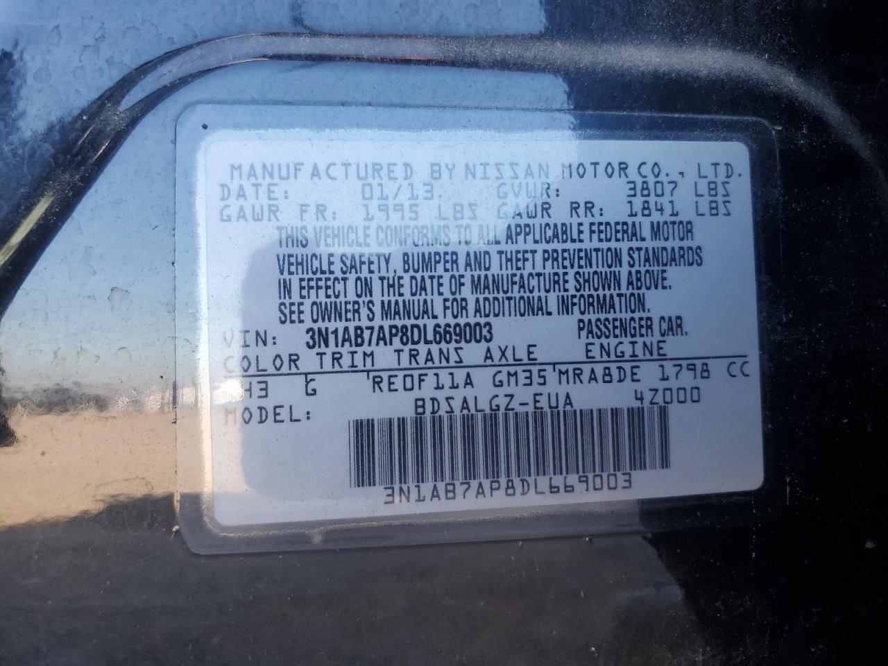2013 Nissan Sentra S VIN: 3N1AB7AP8DL669003 Lot: 62956275