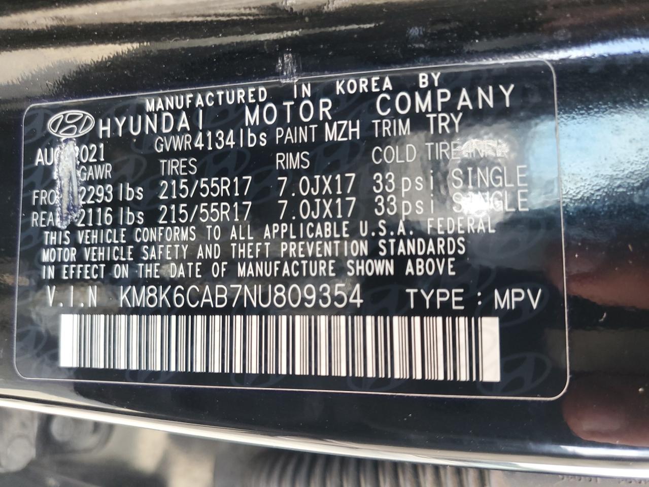 2022 Hyundai Kona Sel VIN: KM8K6CAB7NU809354 Lot: 62405525