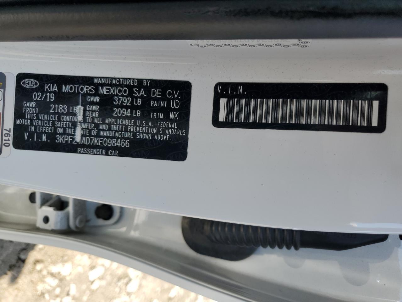 2019 Kia Forte Fe VIN: 3KPF24AD7KE098466 Lot: 64940125
