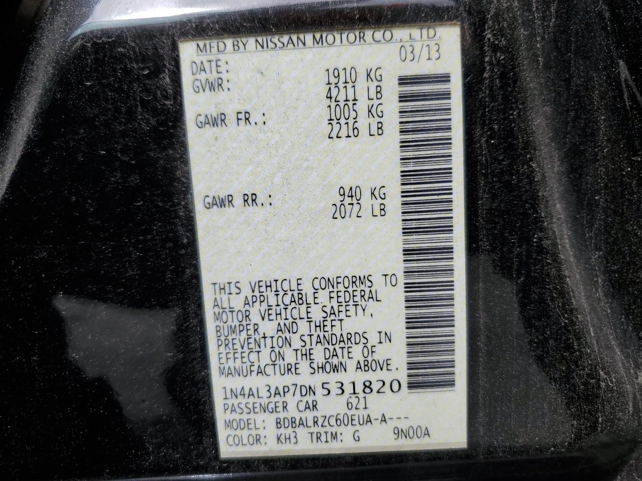 2013 Nissan Altima 2.5 VIN: 1N4AL3AP7DN531820 Lot: 63266575