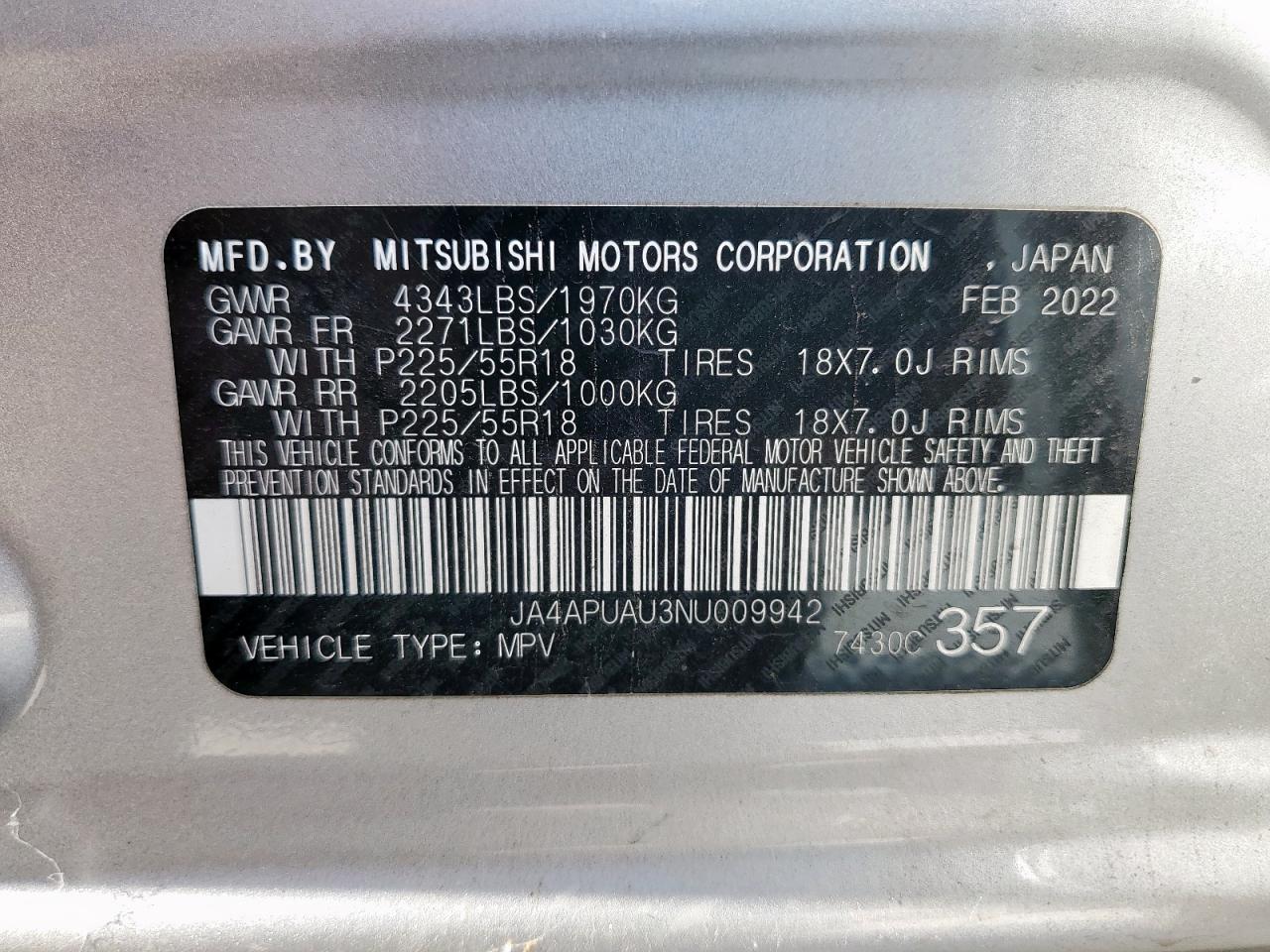 2022 Mitsubishi Outlander Sport Es VIN: JA4APUAU3NU009942 Lot: 65178655