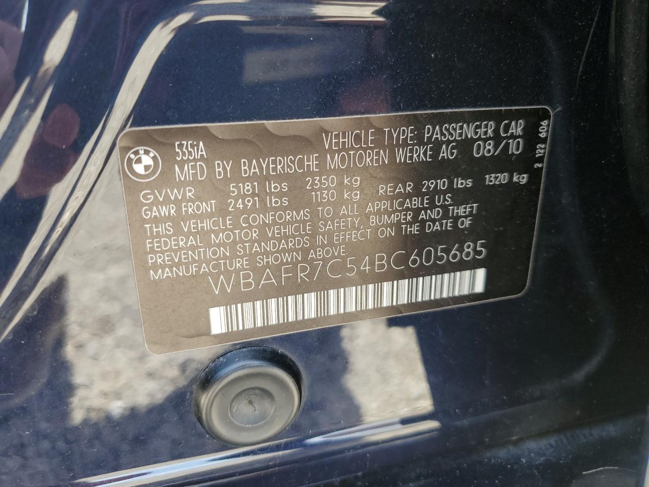 2011 BMW 535 I VIN: WBAFR7C54BC605685 Lot: 63394145